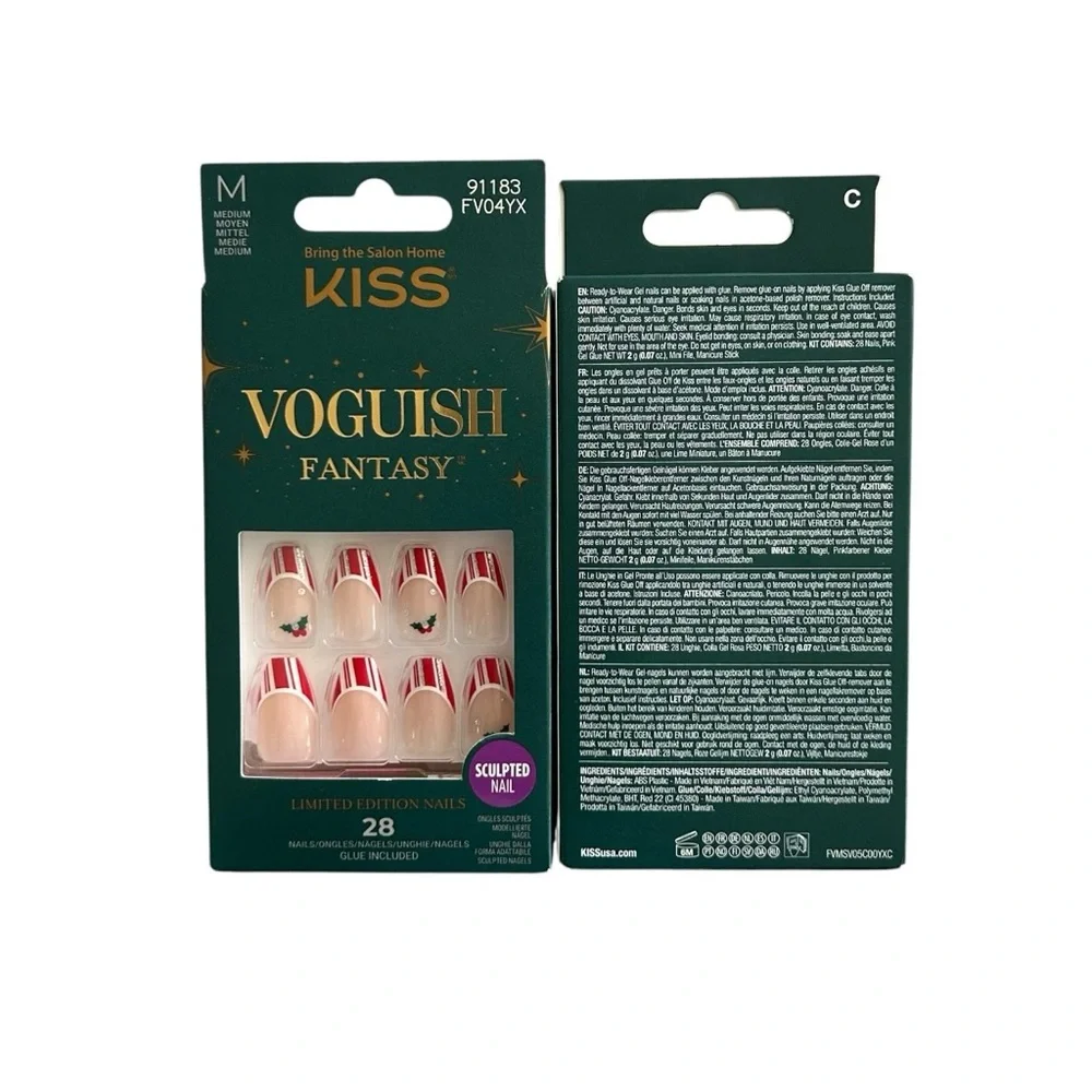 KISS Press on nails 2 sets Limited Ed. Voguish Fantasy Candy cane Holly w/glue